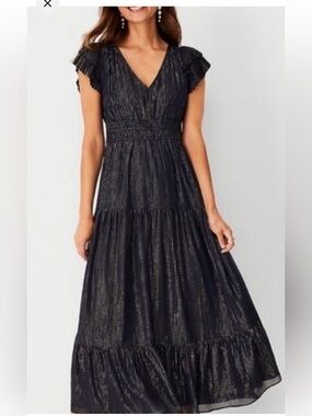 New! Ann Taylor SZ 10, navy shimmery pleated cap sleeve dress.